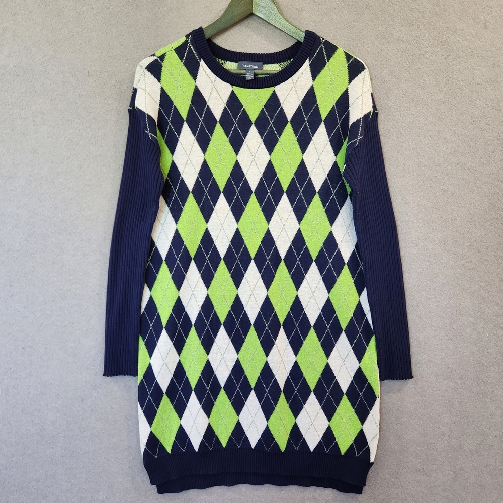 ModCloth After Argyle Sweater Dress L‎ Green Blue Midi Long Sleeve